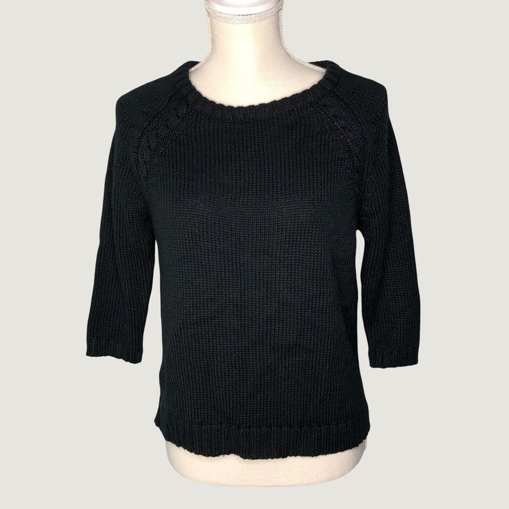 Zara Knit Sweater M Black Open Back Cable Knit Raglan 3/4 Sleeve Pullover